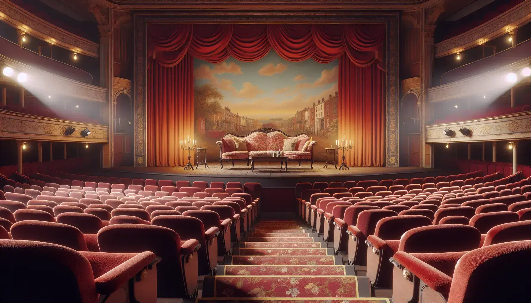 Escenario de teatro vacío con asientos de terciopelo rojo, cortinas a los lados y sofá victoriano en el centro bajo una iluminación cálida y suave.
