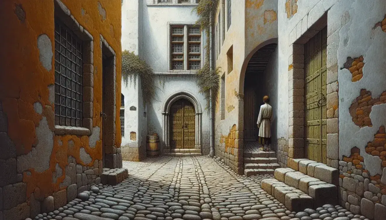 Callejón empedrado antiguo con paredes ocres, puerta de madera entreabierta, ventana con rejas y dos figuras en ropa tradicional bajo luz suave.