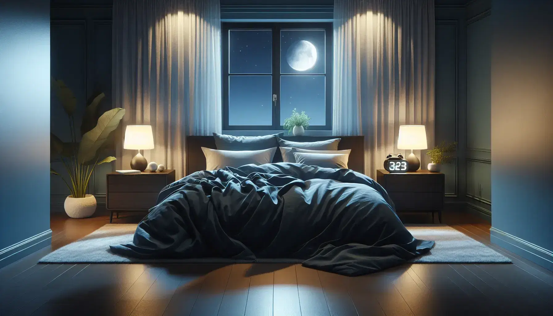 Serene night bedroom with large bed and navy blue blanket, wooden bedside tables with round lamps, window with white curtains and moonlight.
