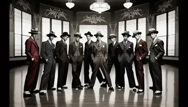 Young men in colorful zoot suits with wide-brimmed hats stand confidently in a dance hall, reflecting the vibrant zoot suit era.