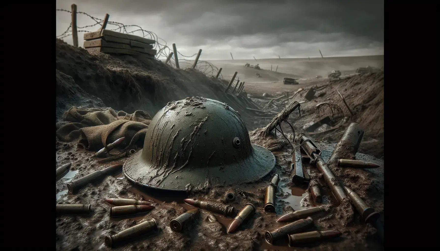 Casco militar de la Primera Guerra Mundial con abolladuras y manchas de lodo, rodeado de casquillos de bala y metal retorcido en un campo de batalla desolado con trincheras y alambre de púas oxidado bajo un cielo gris.