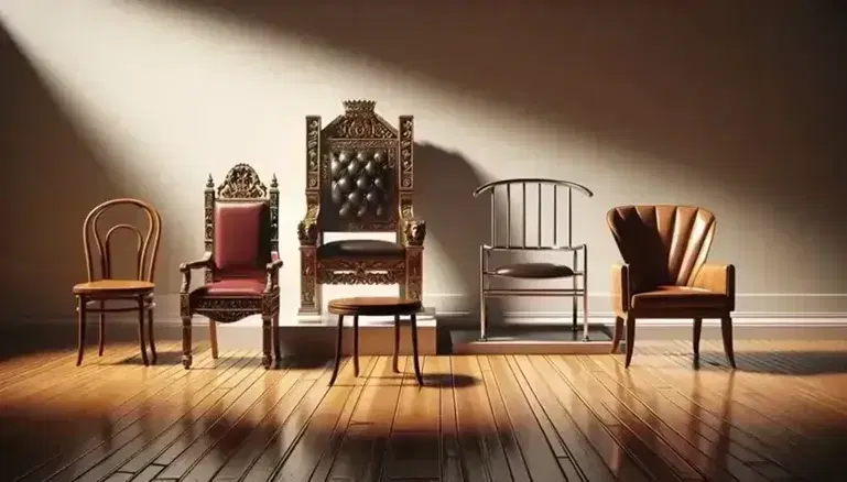 Four unique chairs in semicircle on polished wooden floor: golden throne with red velvet, minimalist metal chair, luxurious leather armchair and simple wooden chair.