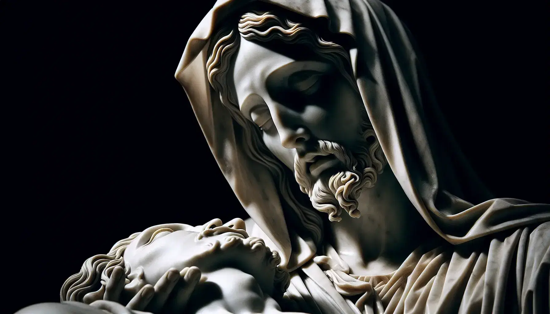 Pietà di Michelangelo in marmo, con Maria che guarda Gesù disteso sul suo grembo, dettagli di pieghe e muscolatura evidenziati dalla luce.