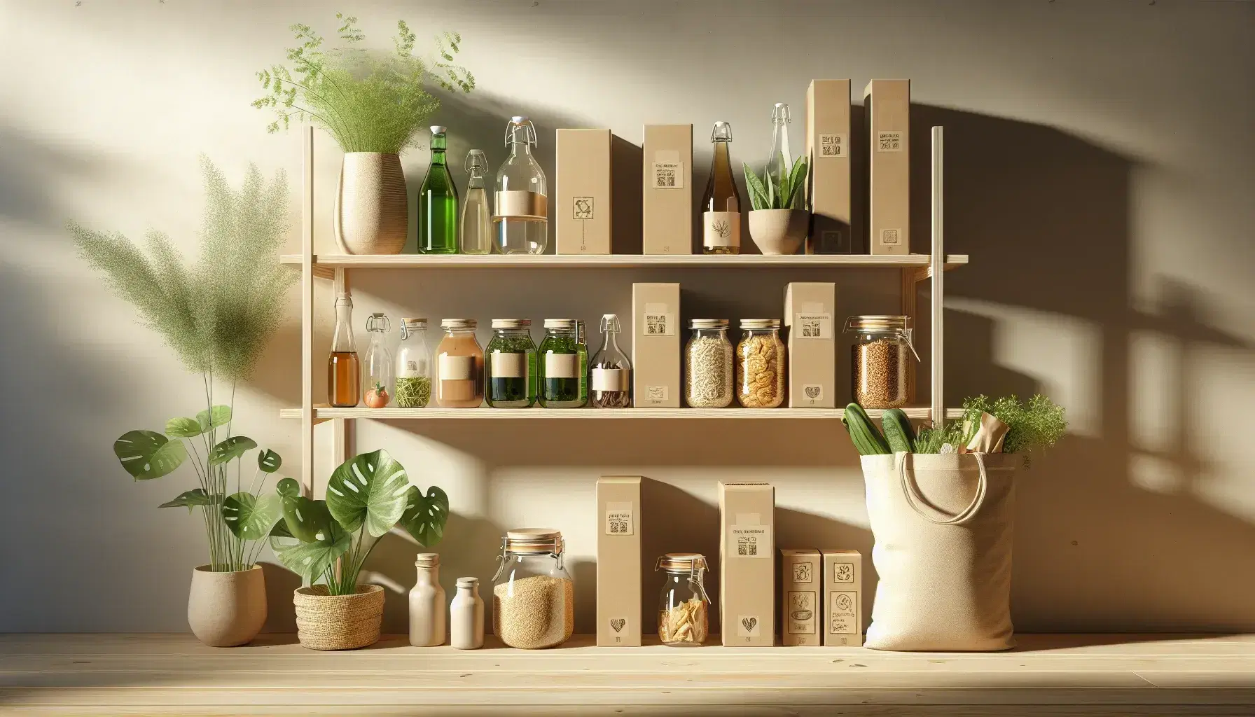 Estantería de madera clara con productos ecológicos en envases reciclables, botellas de vidrio con líquidos y frascos con conservas, rodeados de plantas verdes y una bolsa de tela orgánica.