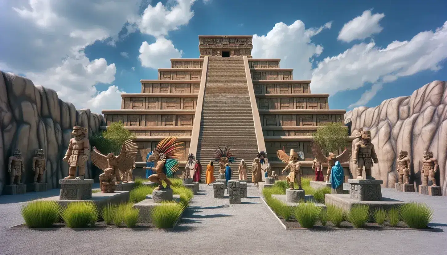 Réplica de templo azteca escalonado bajo cielo azul con figuras humanas en atuendos coloridos y escultura de águila, rodeado de vegetación y columnas talladas.