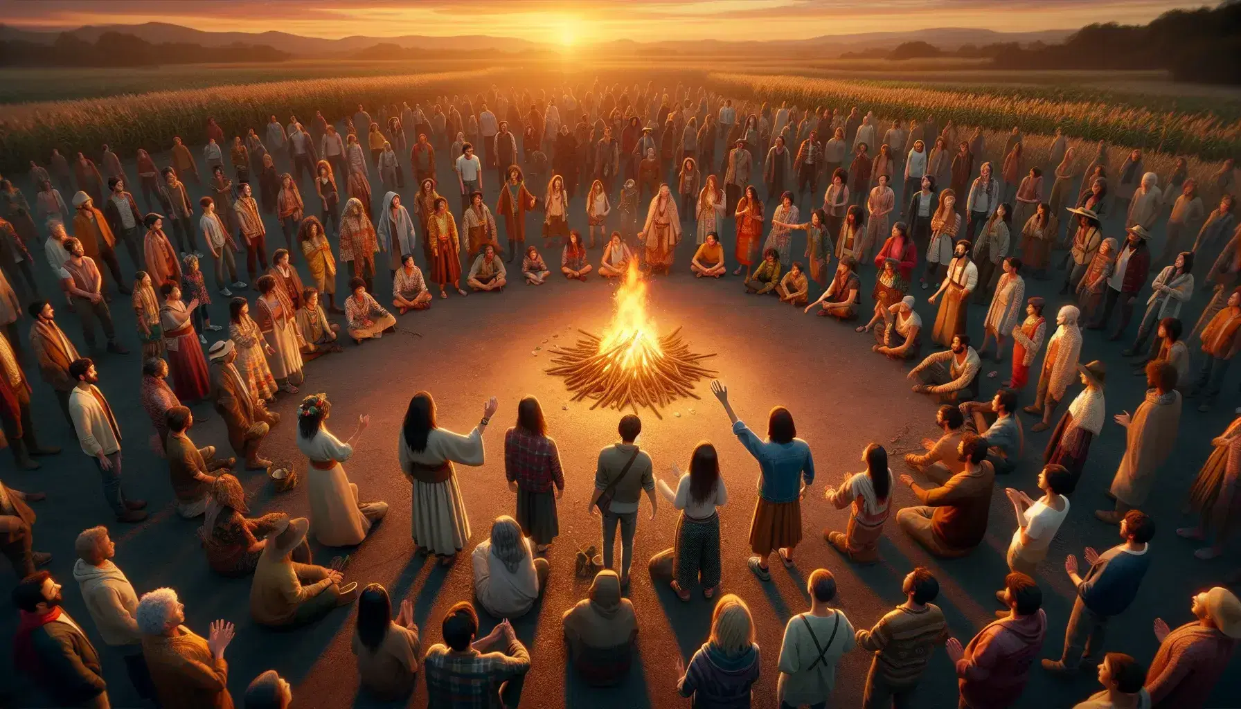 Grupo diverso de personas reunidas alrededor de una fogata al atardecer, compartiendo un momento de conexión en un entorno natural.