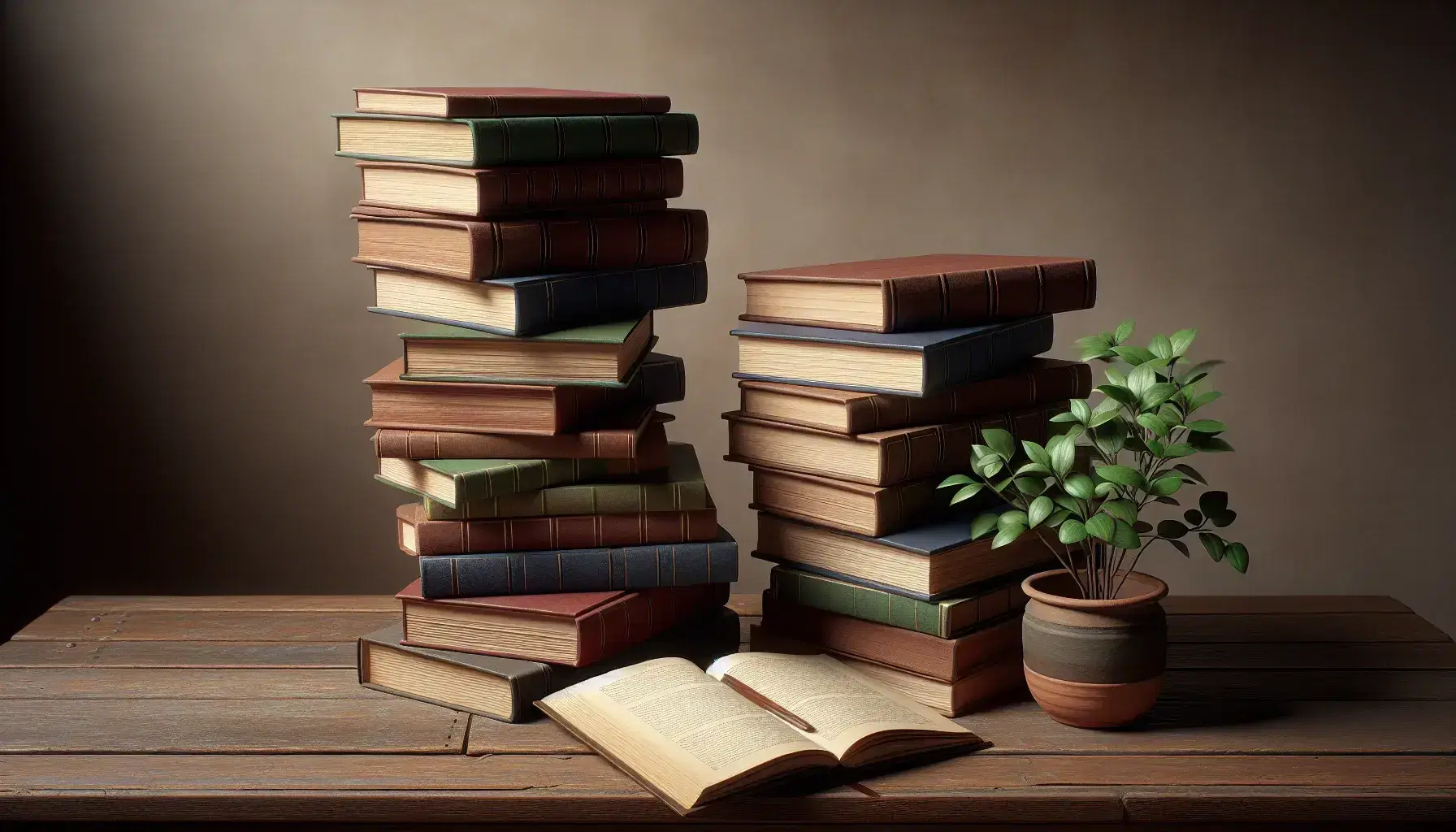 Stacked hardcover books in red, green, blue, and brown on a wooden table beside a potted plant, with an open book on top and soft lighting.