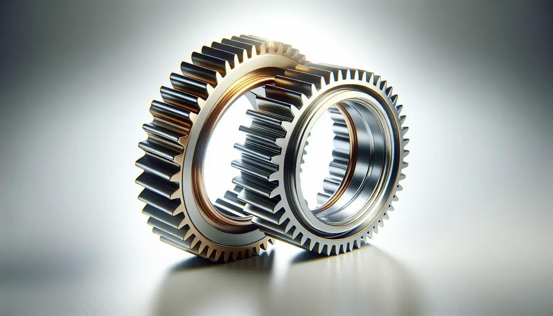 Two interlocking gears, one silver and larger, the other smaller with a brass finish, reflecting light, showcasing precision engineering on a white background.