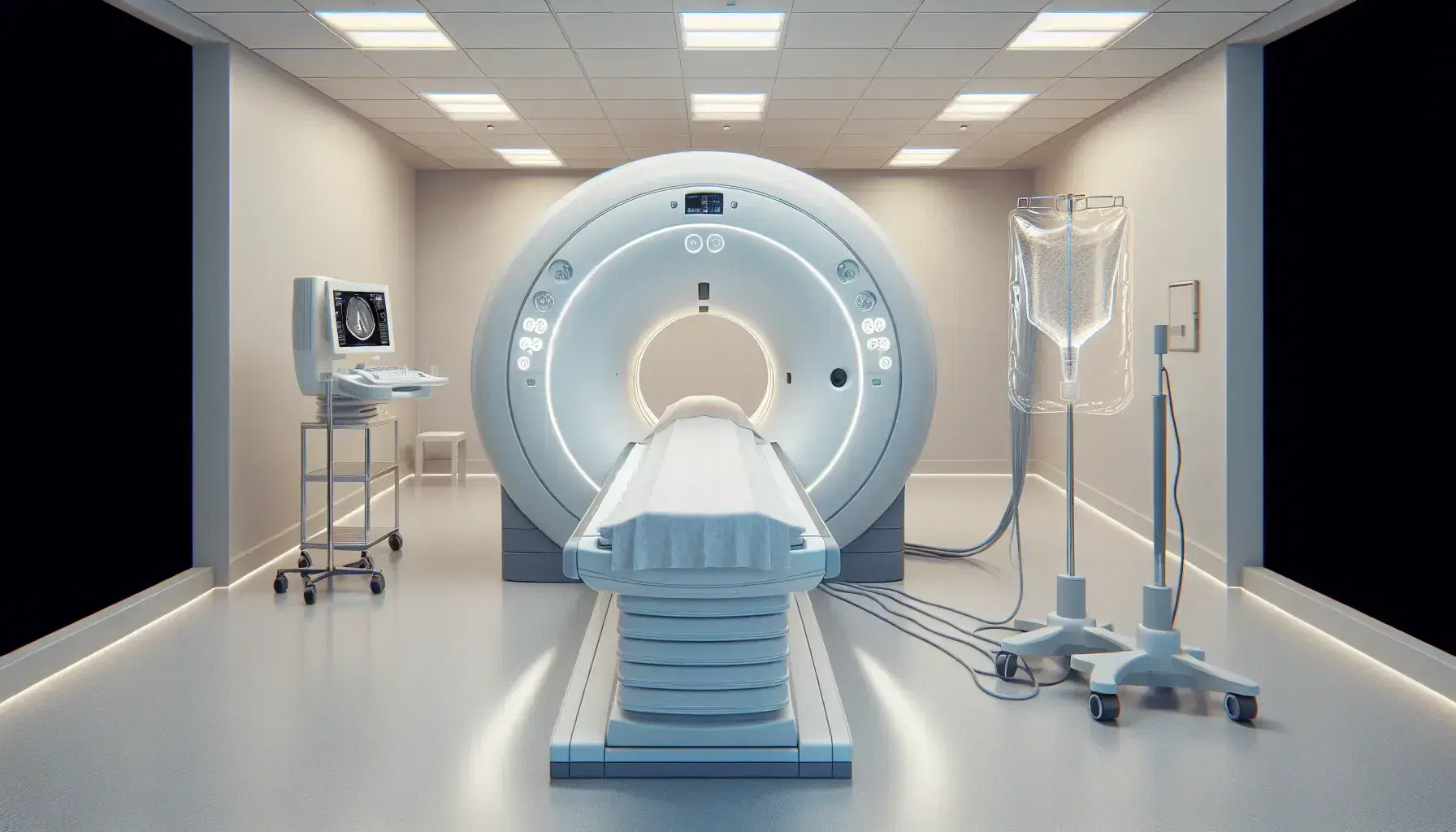 Sala de tomografía computarizada con máquina CT cilíndrica blanca, camilla deslizable y suero colgante, iluminada y sin personas.