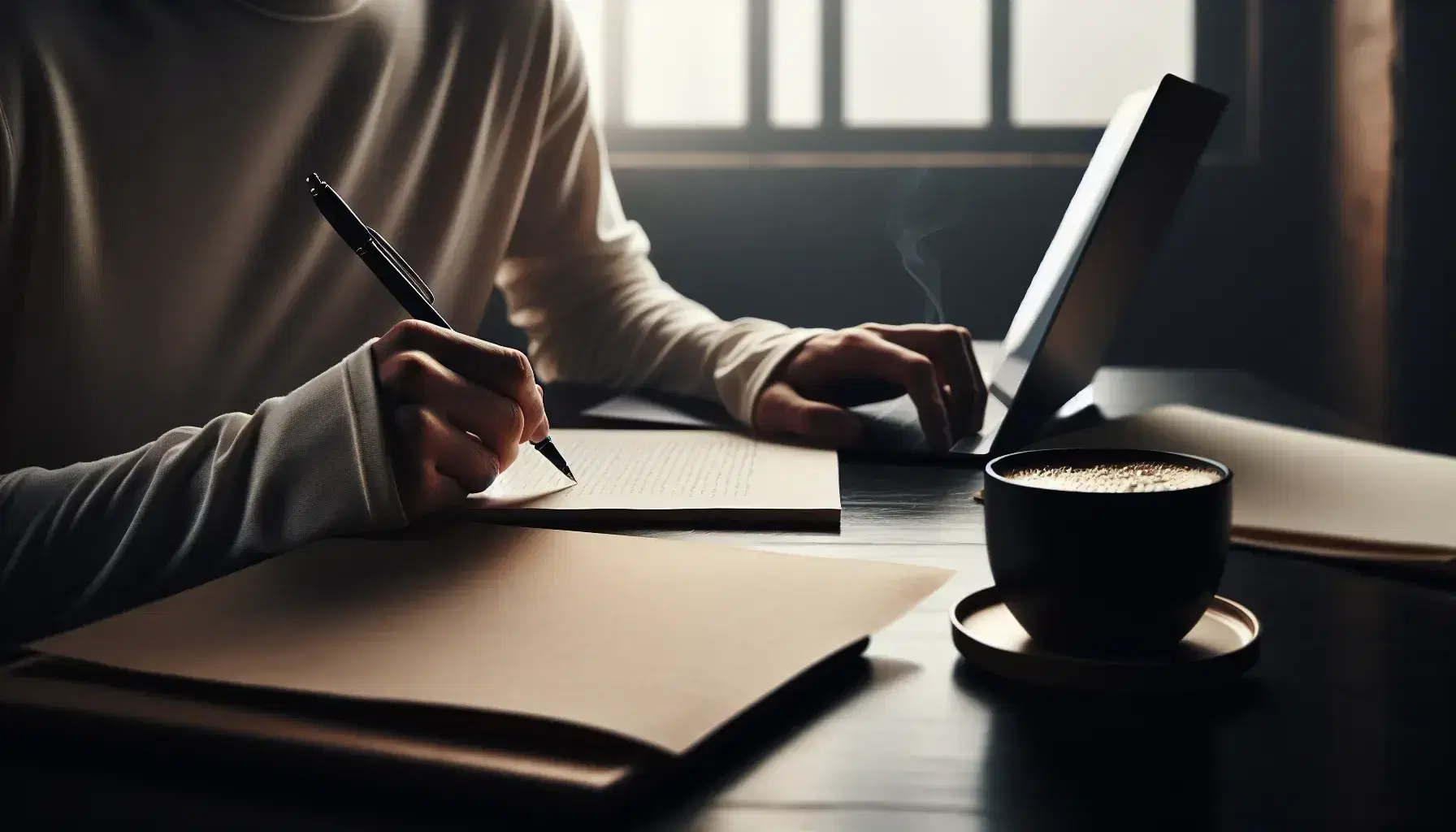 Persona sentada en escritorio de madera oscura con camisa blanca escribiendo en papel en blanco, taza de café humeante al lado y laptop con fondo azul en segundo plano.