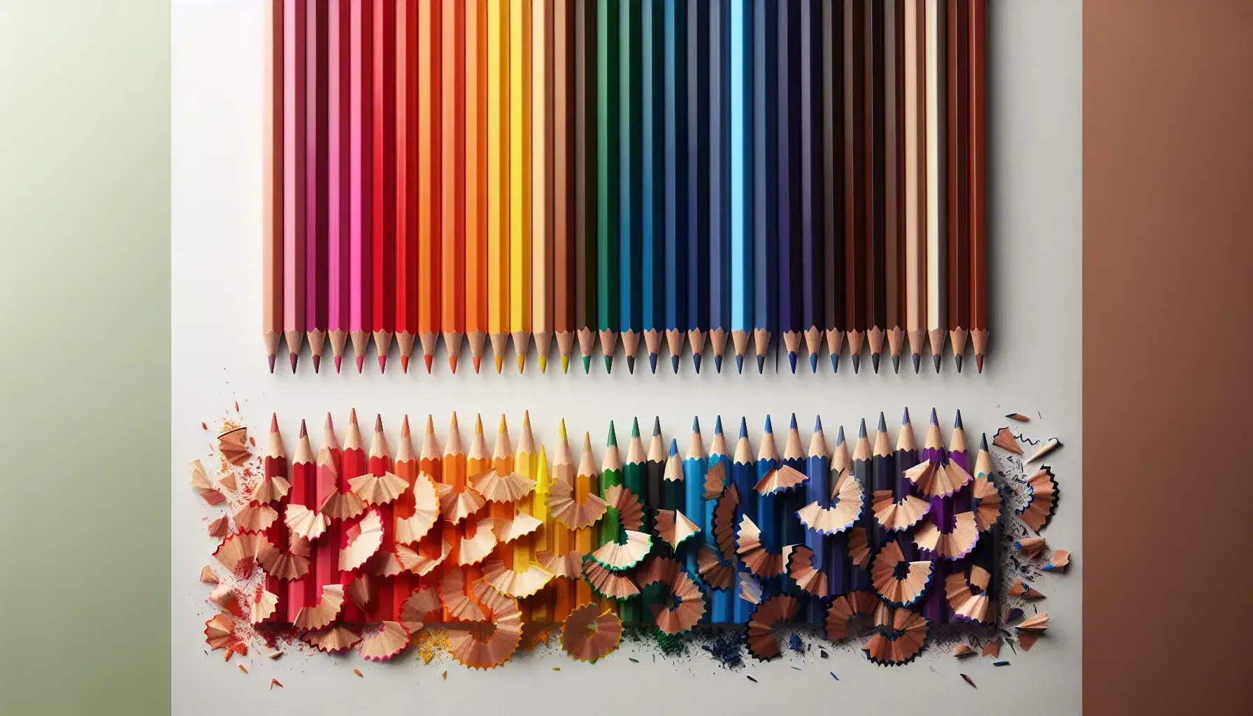 Lápices de colores alineados horizontalmente en degradado arcoíris con virutas a su frente sobre fondo blanco, punta a la derecha.