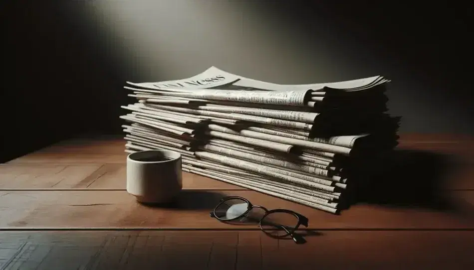 Pila de periódicos doblados sobre mesa de madera oscura junto a taza de café y gafas con montura negra, iluminados suavemente por la izquierda.