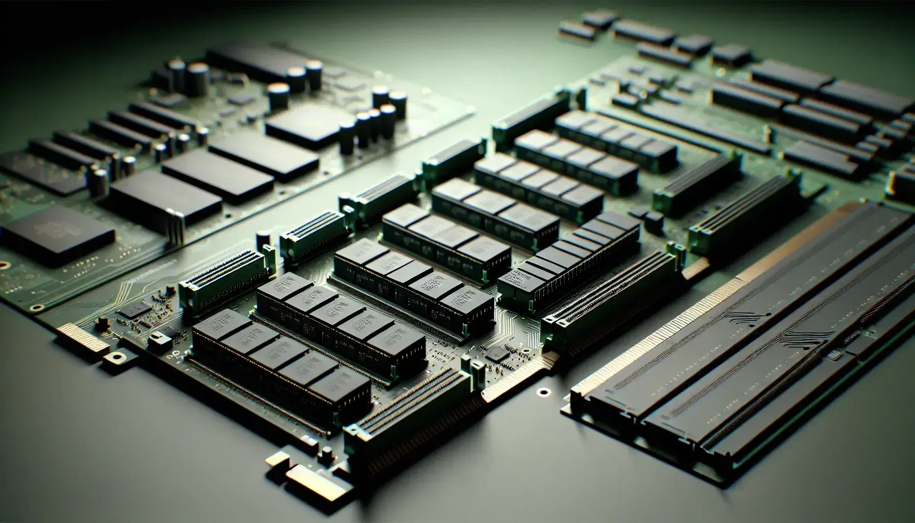 Módulos de memoria RAM alineados en perspectiva sobre fondo desenfocado de placa base, con chips negros en tarjetas verdes y circuitos dorados.