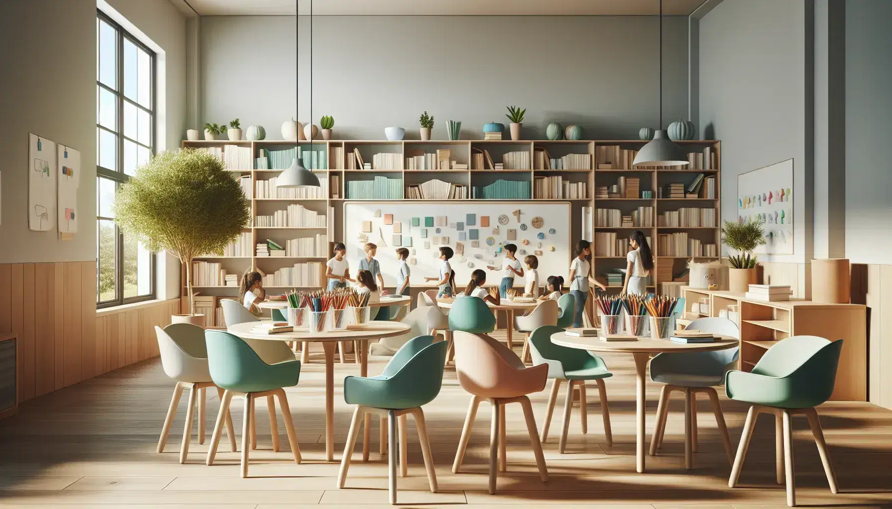 Aula espaciosa y luminosa con mesas redondas, sillas ergonómicas de colores, útiles escolares, estantería con libros y pizarra blanca, estudiantes interactuando y un adulto explicando.