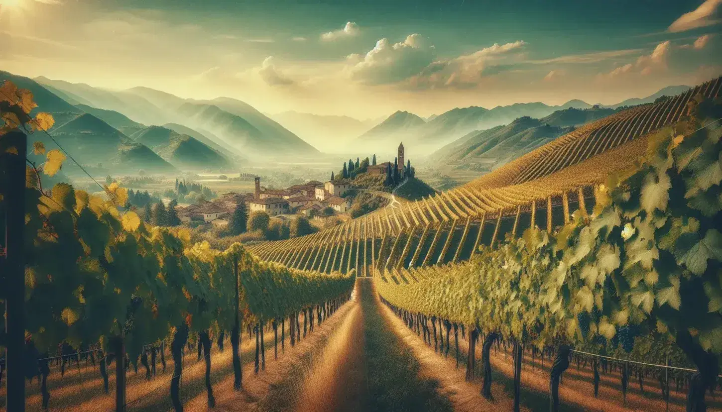 Vigneti ordinati sulle colline venete con grappoli d'uva maturi, villaggio medievale in lontananza e montagne sfumate all'orizzonte sotto un cielo azzurro.