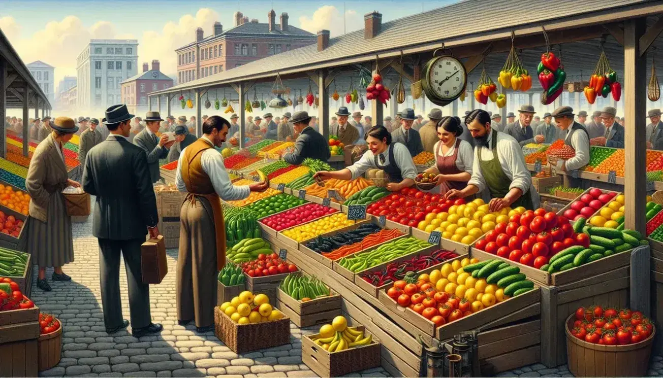 Lively open-air market with wooden stalls full of colorful fruit and vegetables, vendors and customers interact in an urban setting.
