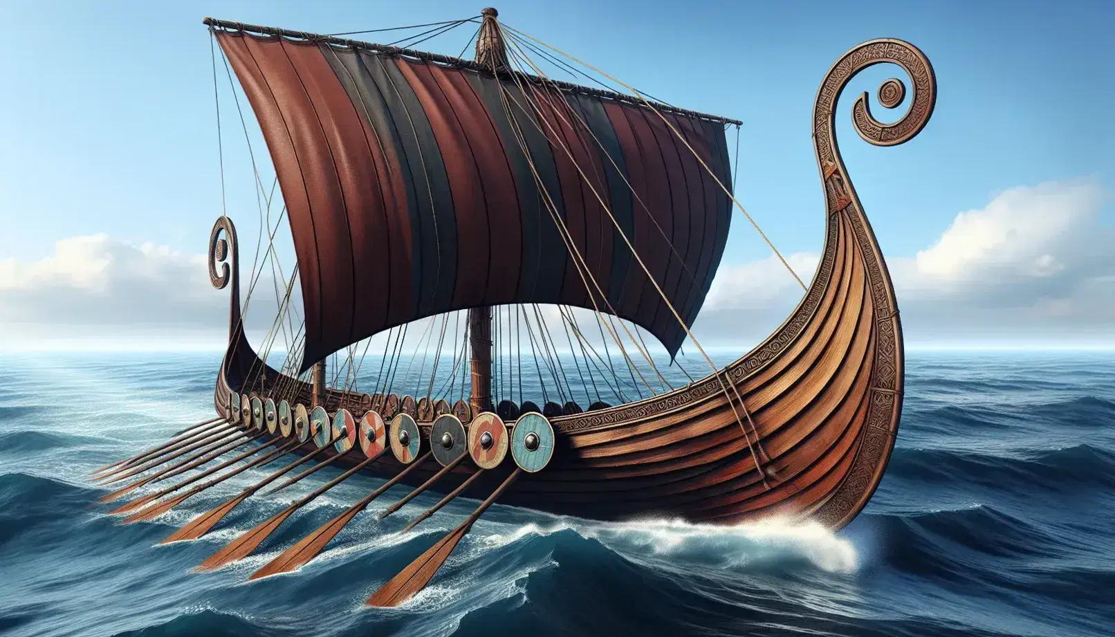 Traditional Viking longship with red sail and ornate prows on a blue sea, shields lining the hull, near a rugged coastline under a clear sky.