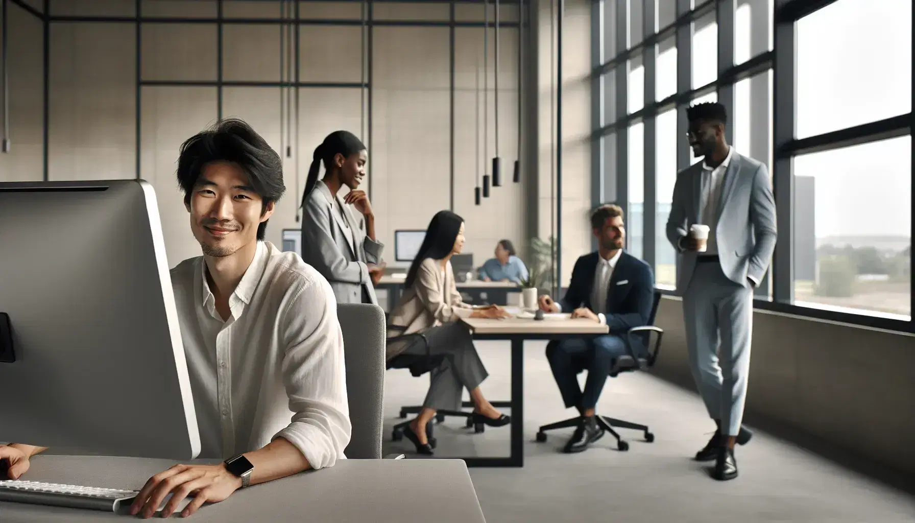 Diverse team in a modern office with an Asian man at a computer, a Black woman by the window with coffee, and colleagues discussing at a table.