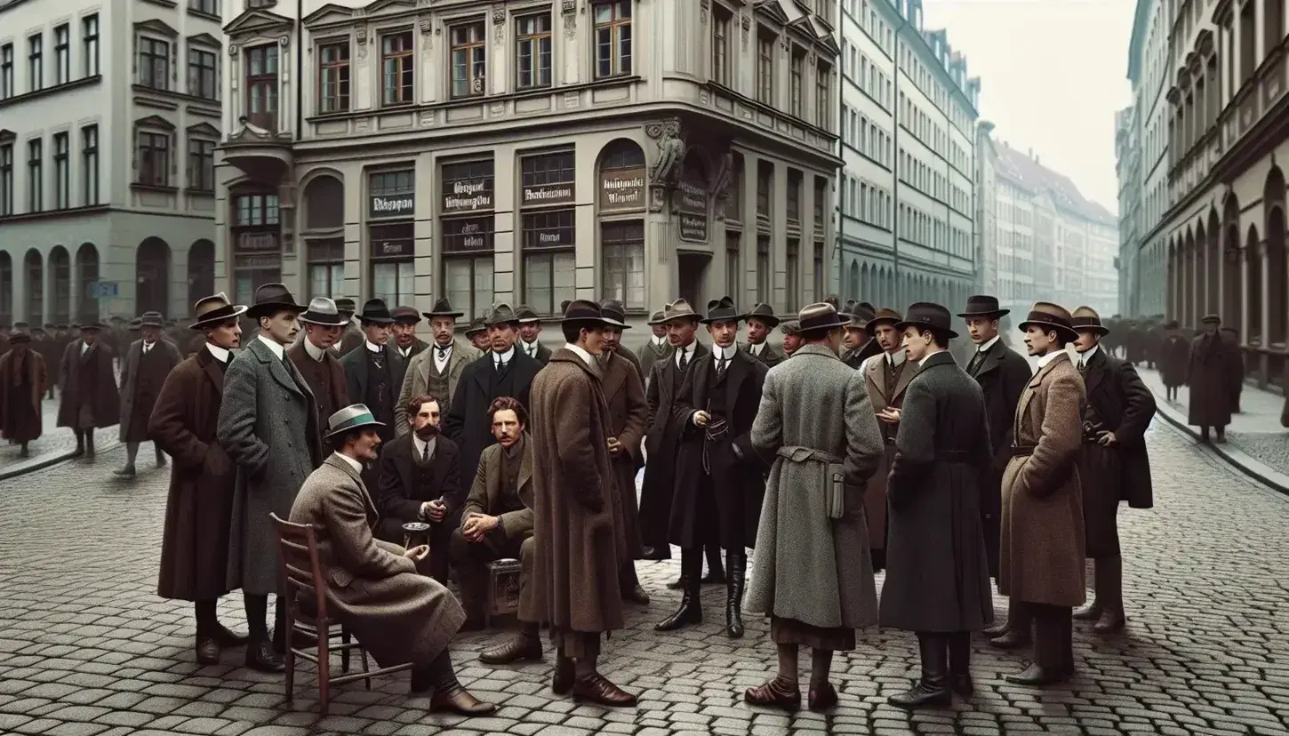 Early 1920s Munich street scene with diverse men in period attire discussing, vintage cars parked, and European-style buildings in the background.