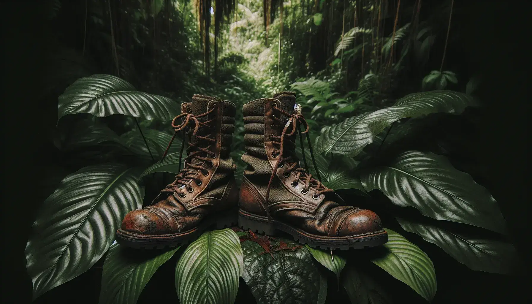 Worn combat boots with frayed laces and mud stains stand amidst dense jungle foliage, with dappled sunlight casting shadows on the scene.