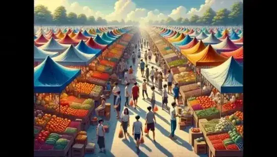 Mercato all'aperto con tende colorate e banchi di frutta e verdura fresca, persone che fanno acquisti in una giornata soleggiata.