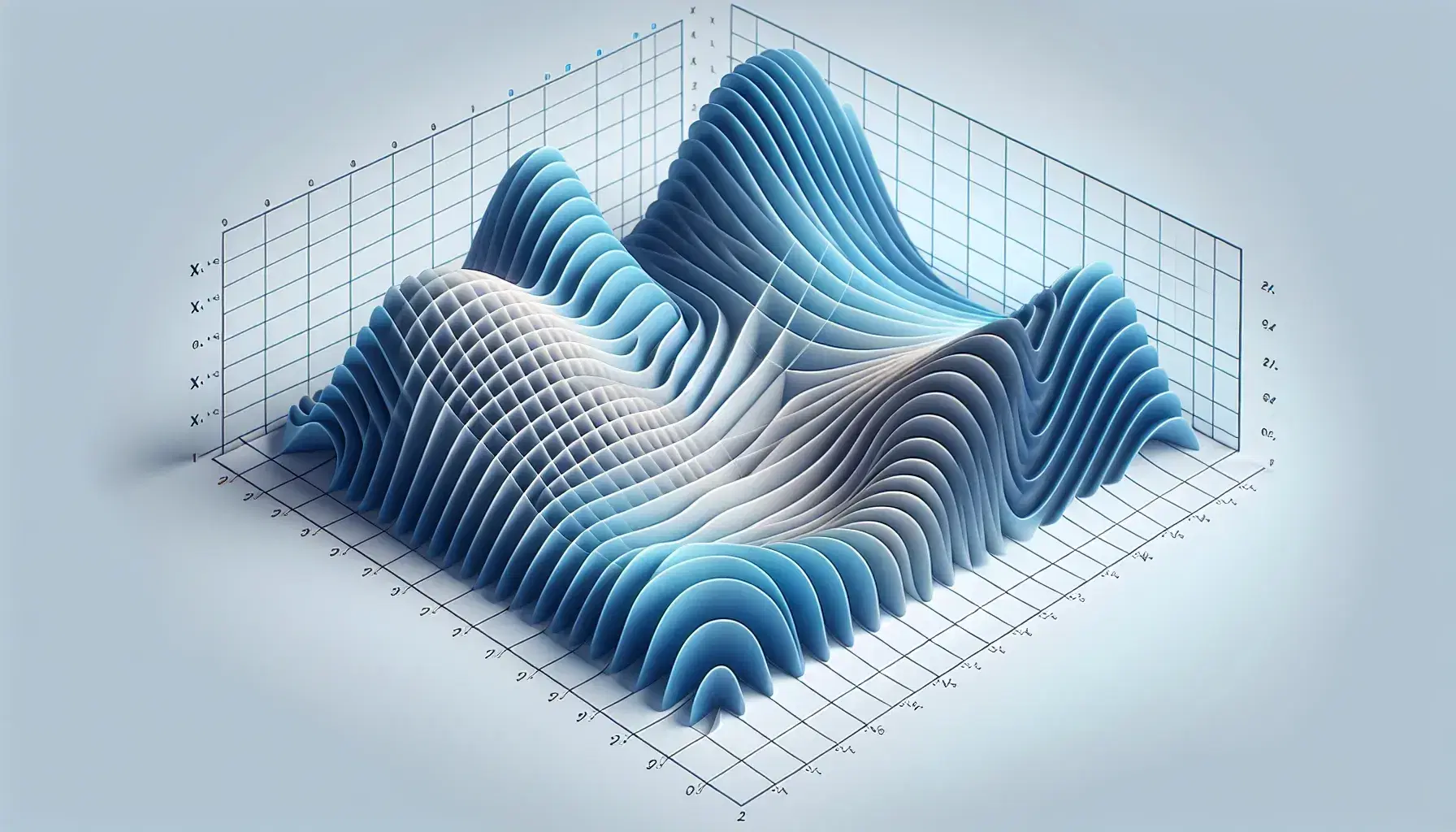 3D graph with wavy surfaces in shades of blue that increase in width along the x-axis, arranged in unlabeled Cartesian space.