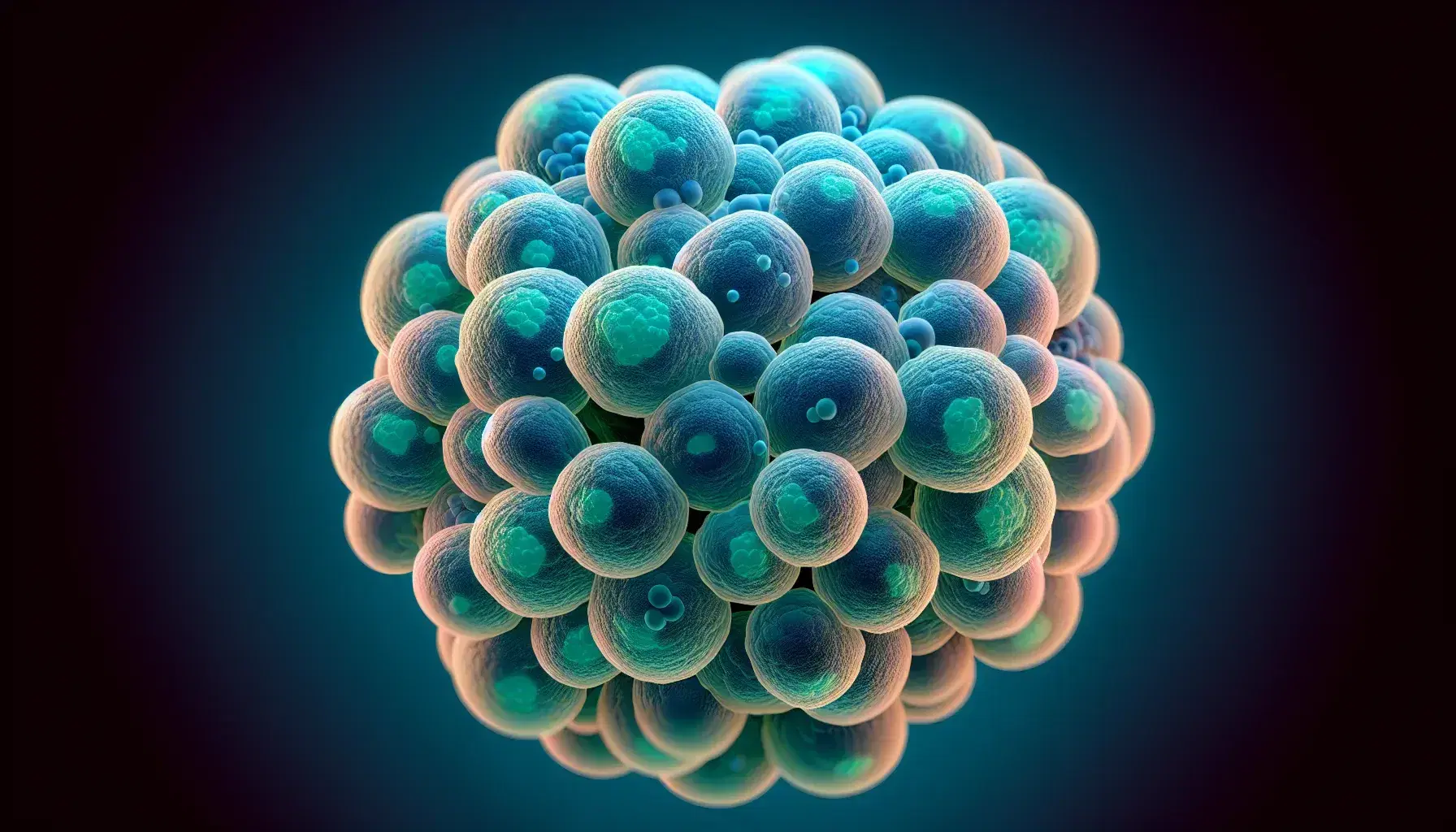 Microscopic view of spherical Archaea cells in shades of blue, green, and pink, densely packed with visible internal structures, illuminated with a 3D effect.