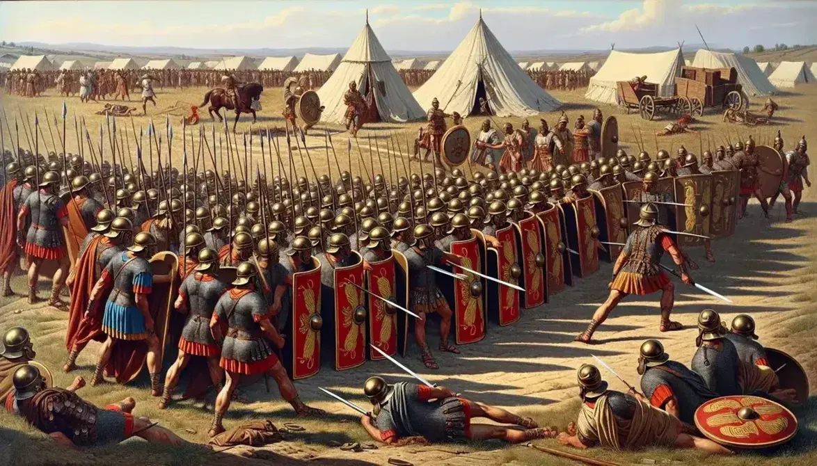 Legionari romani in formazione testudo con elmi di bronzo e scudi rossi, in un campo di battaglia della Repubblica Romana, sotto un cielo sereno.