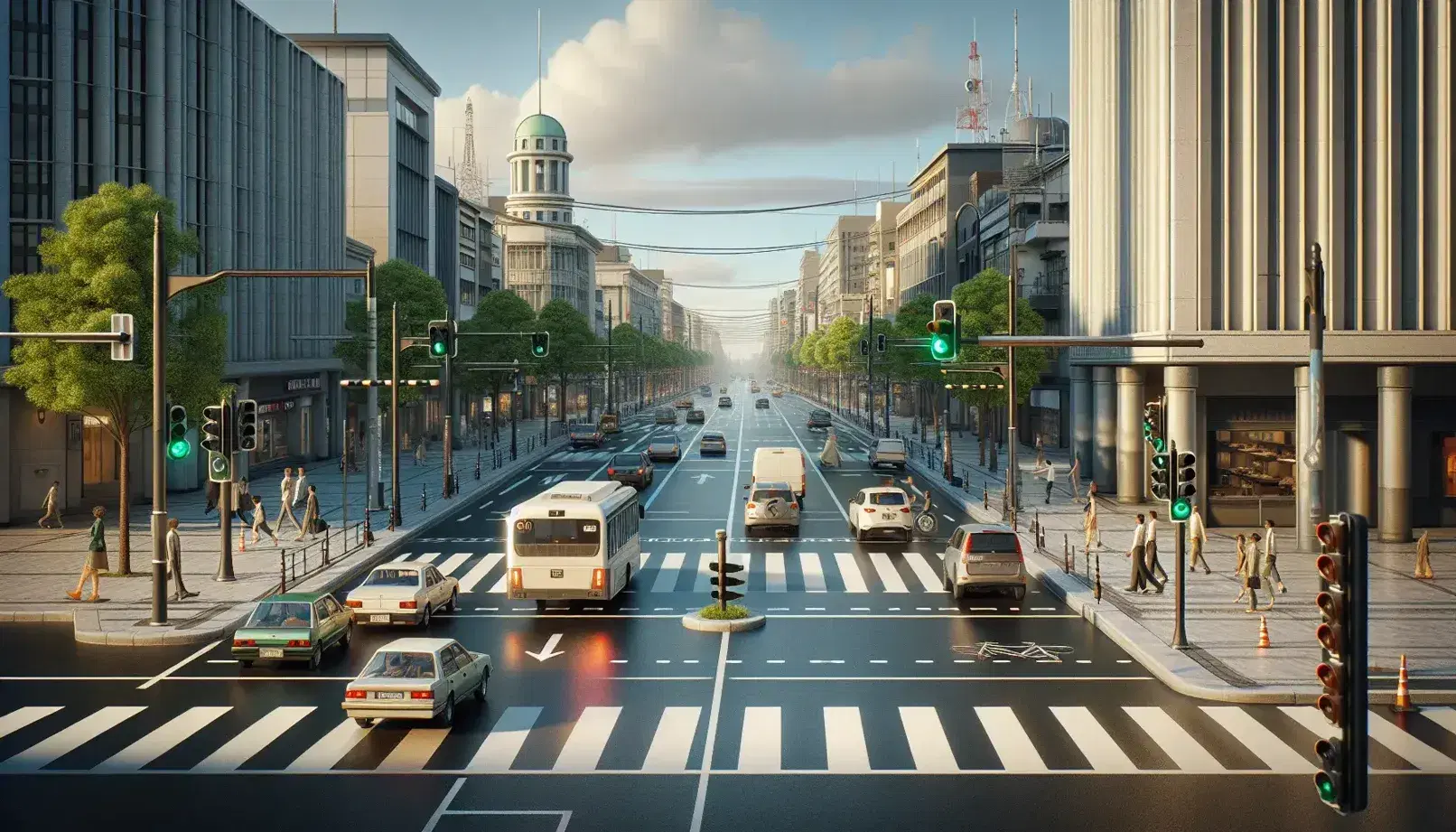 Escena urbana con calle pavimentada, semáforo en verde, paso peatonal, vehículos estacionados y en movimiento, personas caminando y árboles en acera, bajo cielo azul parcialmente nublado.
