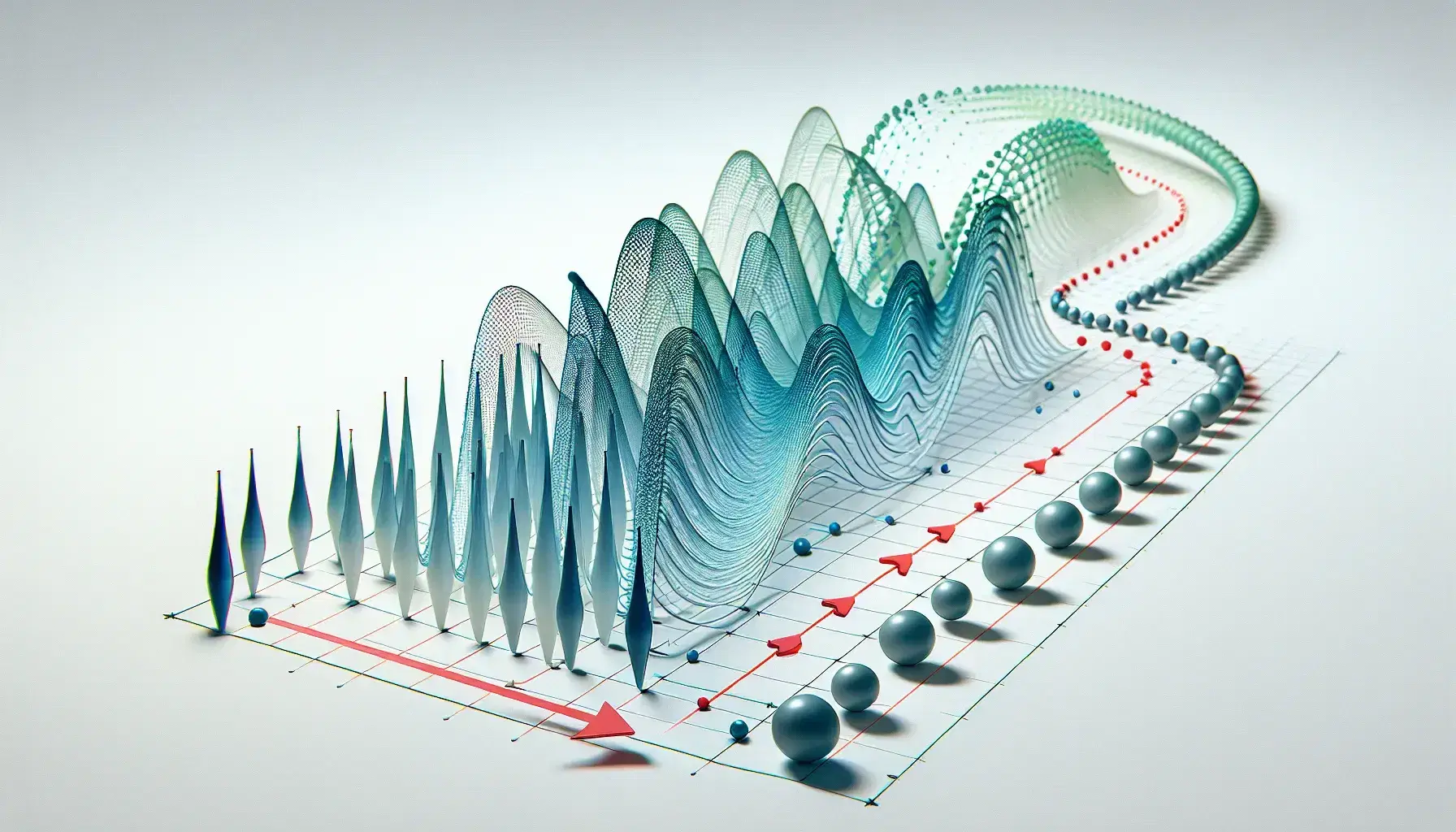 Translucent blue arrows form a flowing path with gradient green spheres alongside, and a bold red vector points upwards in a 3D space.