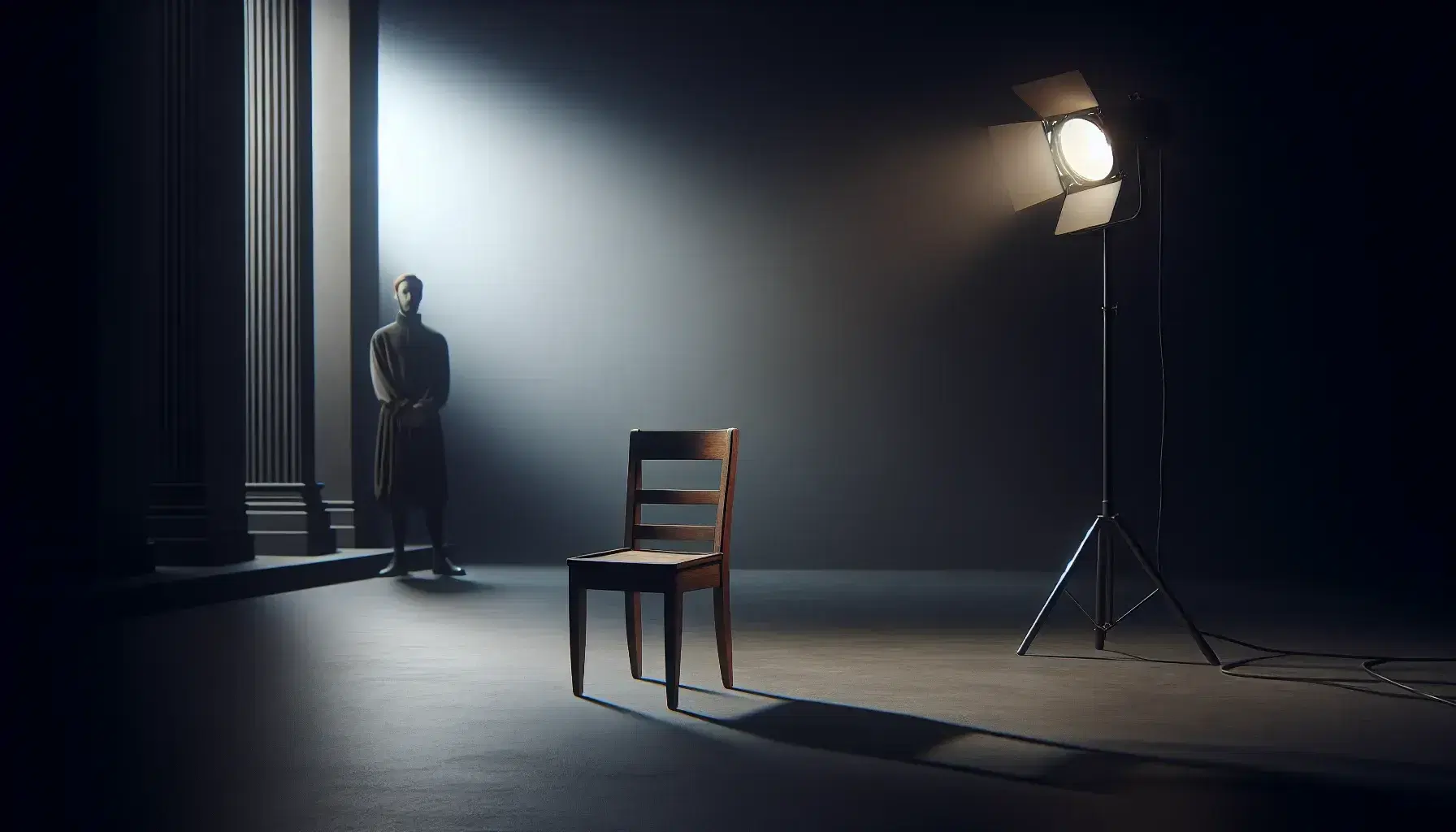 Sparse Epic Theatre stage with a single wooden chair in spotlight, figure in period costume stands in background, gray gradient backdrop.