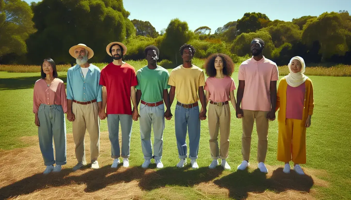 Six people of different ethnicities, united in a circle in a park, hold hands with serene expressions under a blue sky.