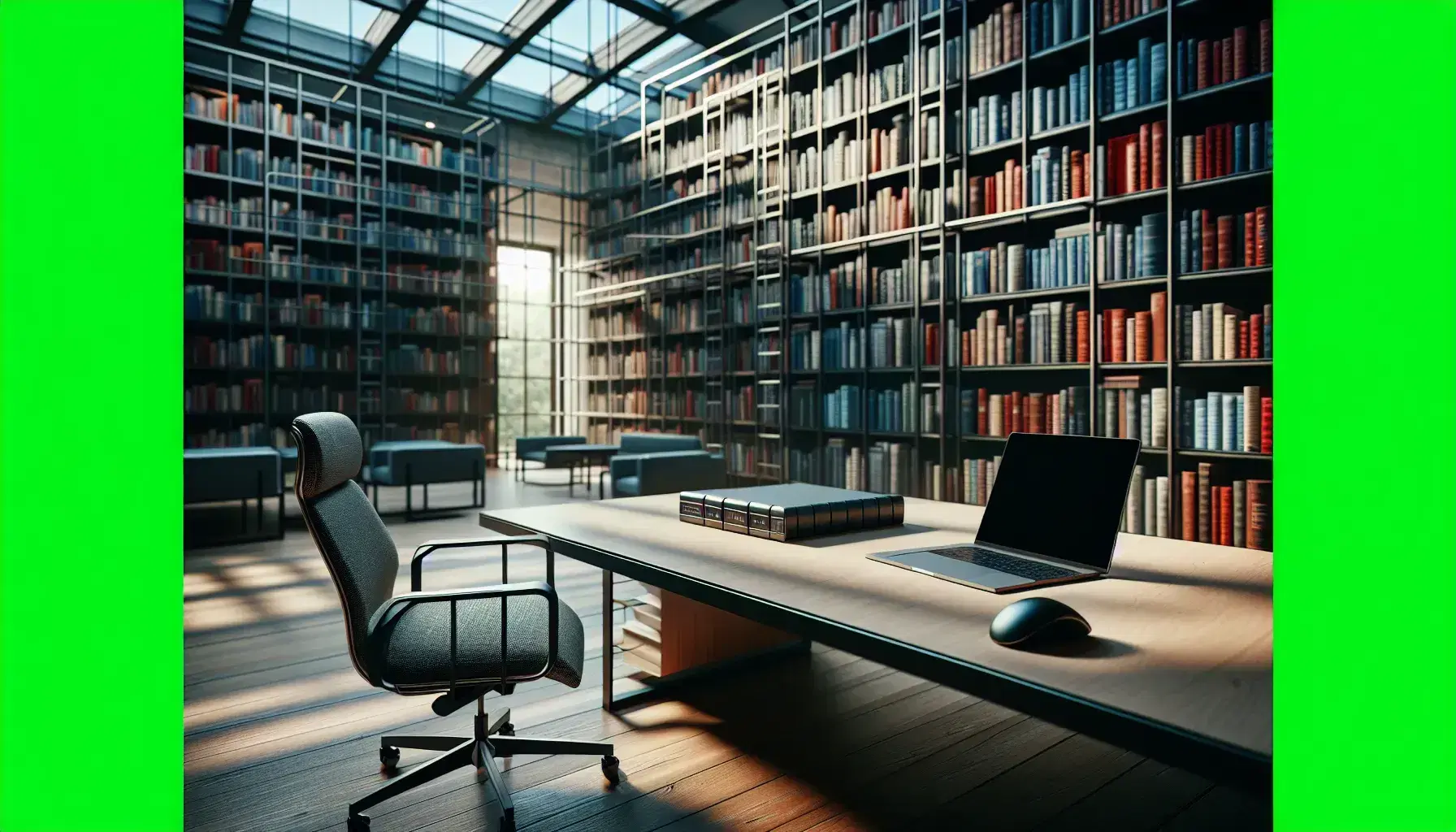 Biblioteca moderna con estanterías de metal y vidrio llenas de libros de tapa dura, mesa de madera con laptop y gafas, silla ergonómica y ventana grande.