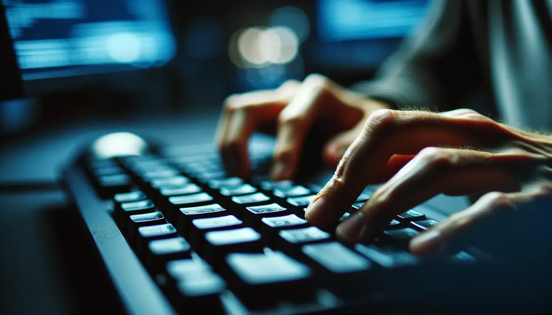 Hands typing on a black QWERTY keyboard with no visible letters, in a dimly lit room with blurry bluish lights in the background.