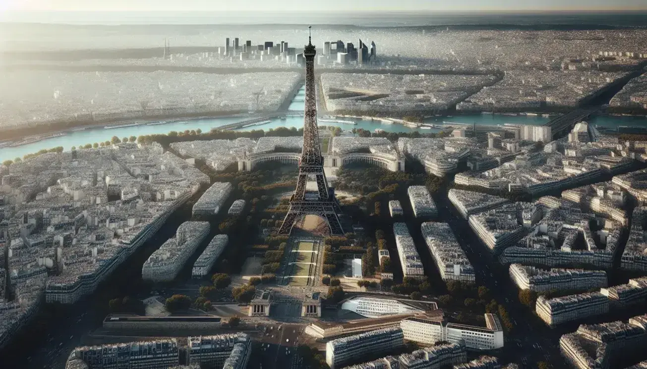 Veduta aerea di Parigi con la Torre Eiffel al centro, circondata da edifici e attraversata dal fiume Senna in una giornata limpida.
