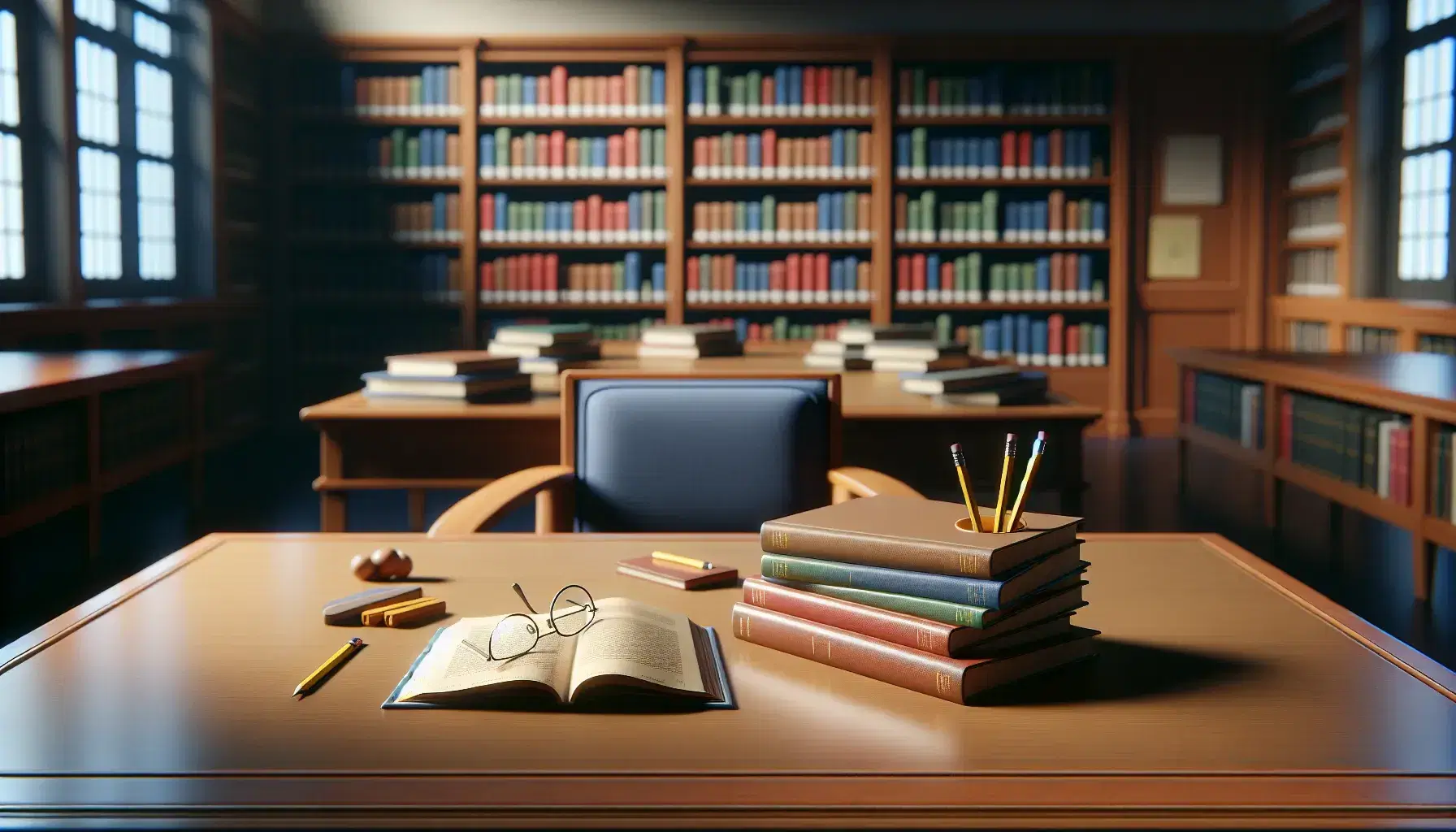 Mesa de madera con libros abiertos y apilados, gafas y lápiz amarillo en biblioteca tranquila con estantes llenos de libros y silla con cojín azul.