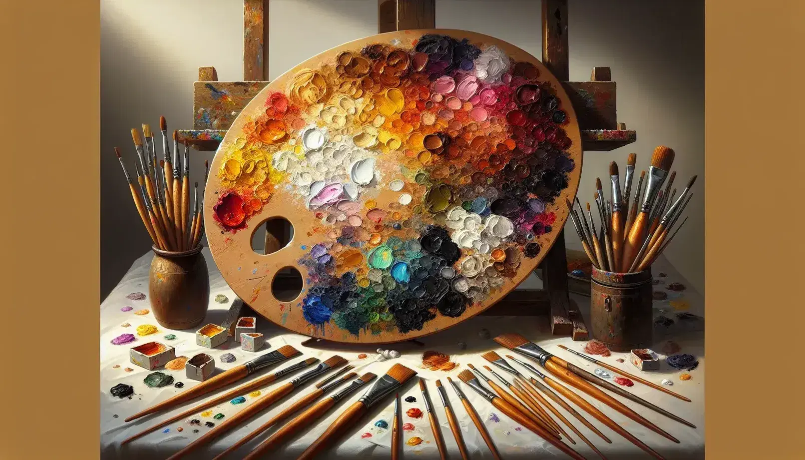 Tavolozza ovale con macchie di colore e set di pennelli assortiti su sfondo di cavalletto con tela iniziata, in uno studio d'artista.