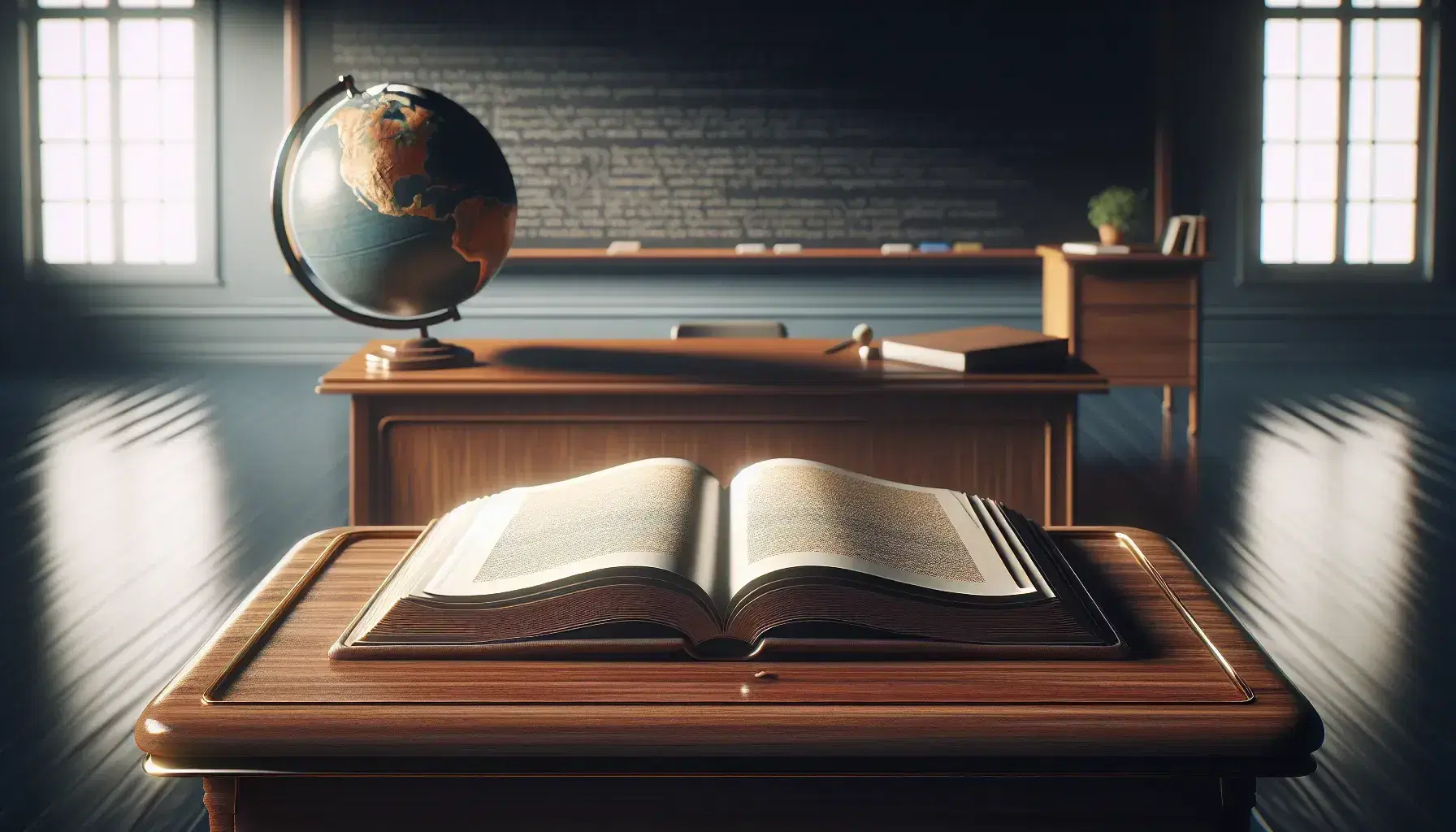 Serene classroom with polished teacher's desk, open textbook, clean chalkboard, unlabeled globe, potted plant, and rows of student desks.