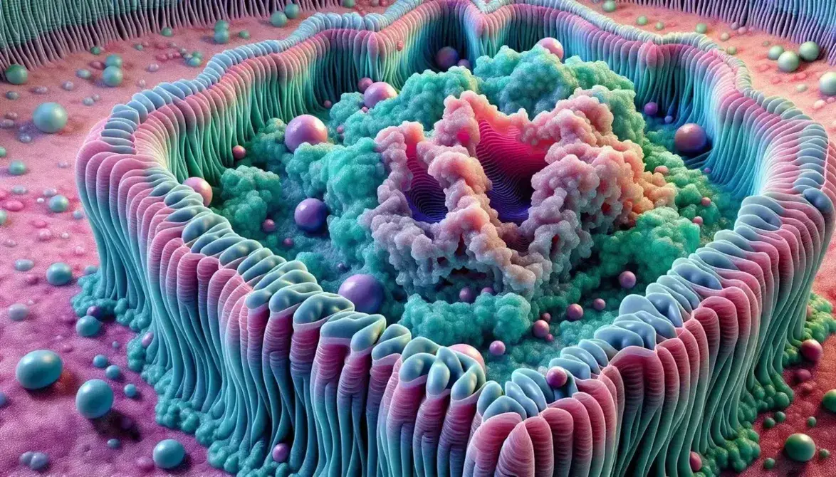 Cell membrane detail with embedded proteins, phospholipids in shades of pink and folded proteins in blue and green, in aqueous environment.