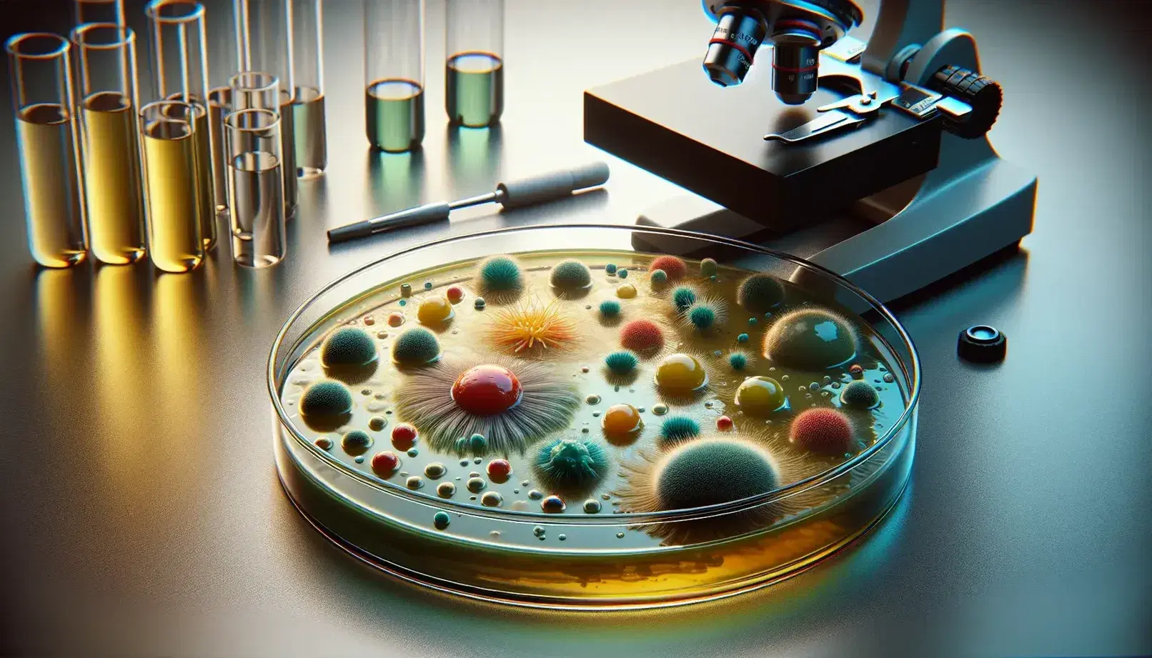 Close-up view of a petri dish with colorful bacterial colonies on a lab bench, alongside a microscope and glass vials, in a research setting.