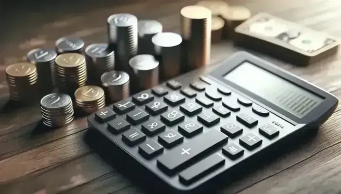 Calculator on wooden desk flanked by ascending and descending stacks of coins, reflecting financial calculations and value representation.