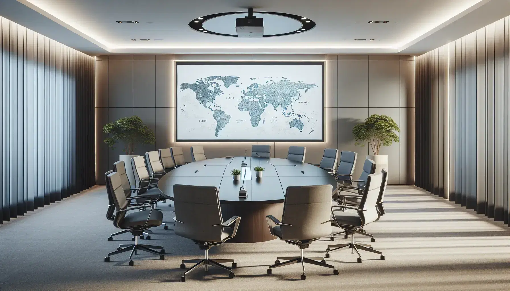 Sala de conferencias moderna con mesa ovalada de madera oscura, sillas ergonómicas grises, mapa mundial en pared y planta decorativa.