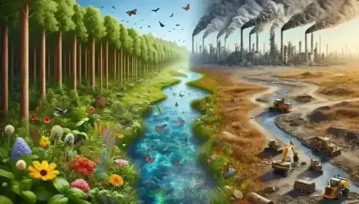Contraste entre ecosistema natural con río y bosque verde y escena industrial con fábricas y contaminación, reflejando el impacto ambiental.