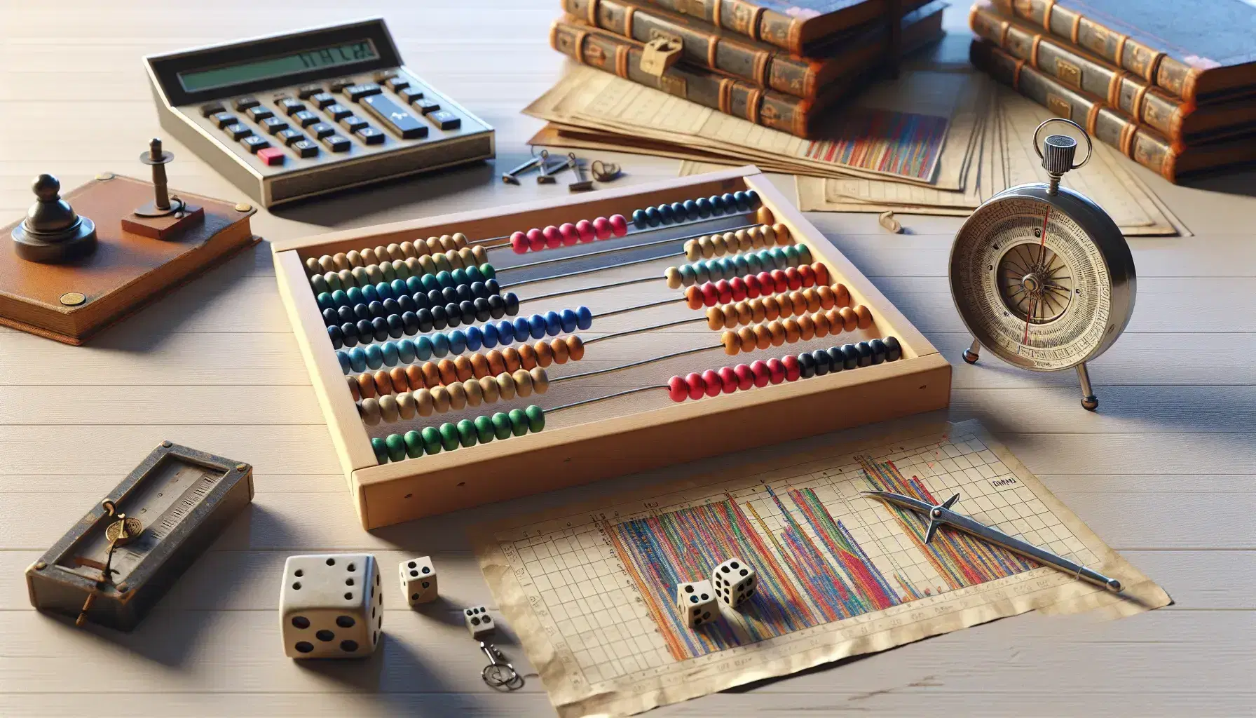 Mesa de madera con ábaco de colores, compás metálico, dados, calculadora antigua y gráficos sin texto bajo luz natural.