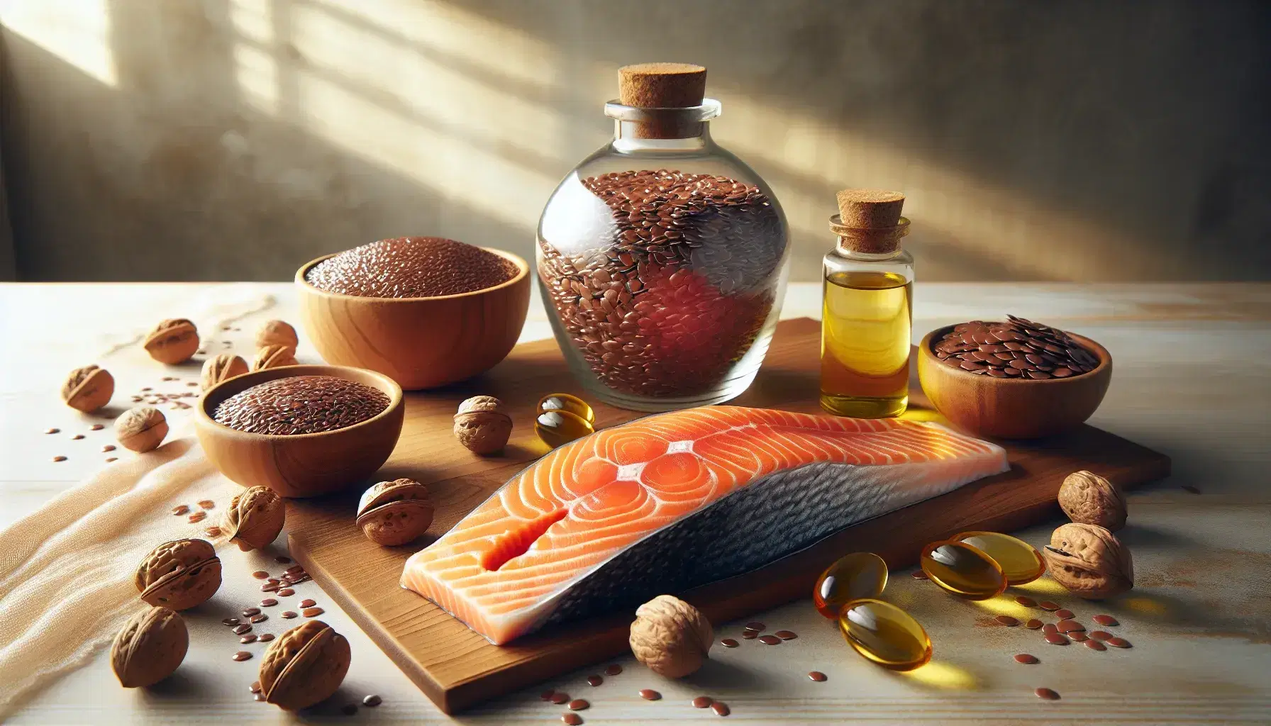 Whole omega-3 rich salmon in the center, dark flax seeds and green walnuts on the sides, fish oil capsules in the foreground on light wooden table.