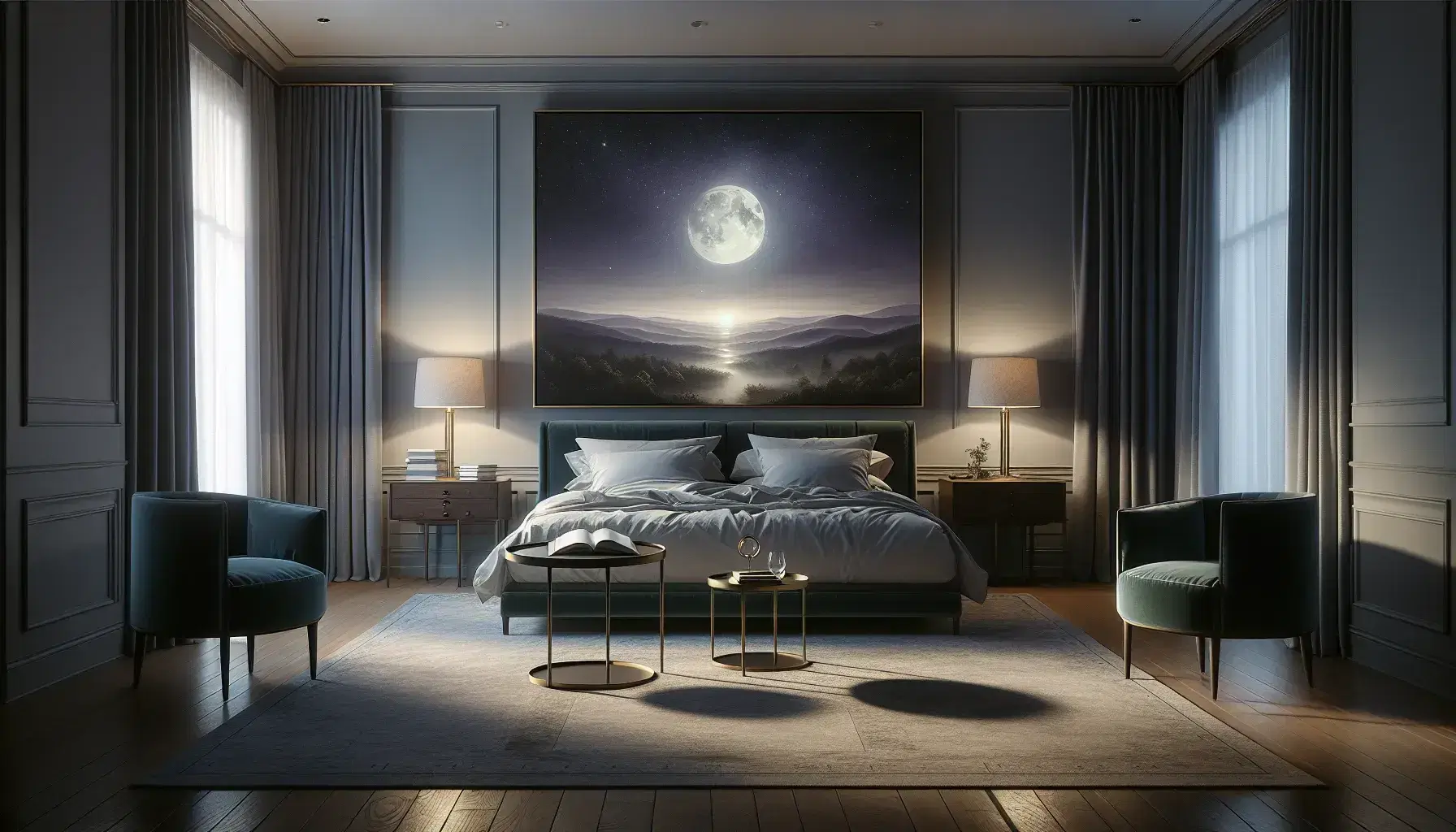 Camera da letto notturna pacifica con letto e lenzuola azzurre, finestra aperta, luce lunare, comodini simmetrici, poltrona vellutata, orologio e tappeto geometrico.