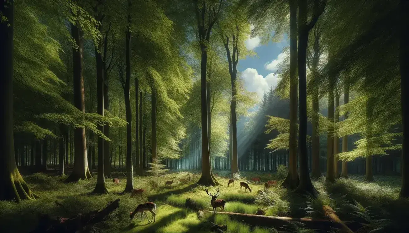 Foresta rigogliosa con alberi alti, radura illuminata dal sole e gruppo di cervi al pascolo, cielo azzurro con nuvole.