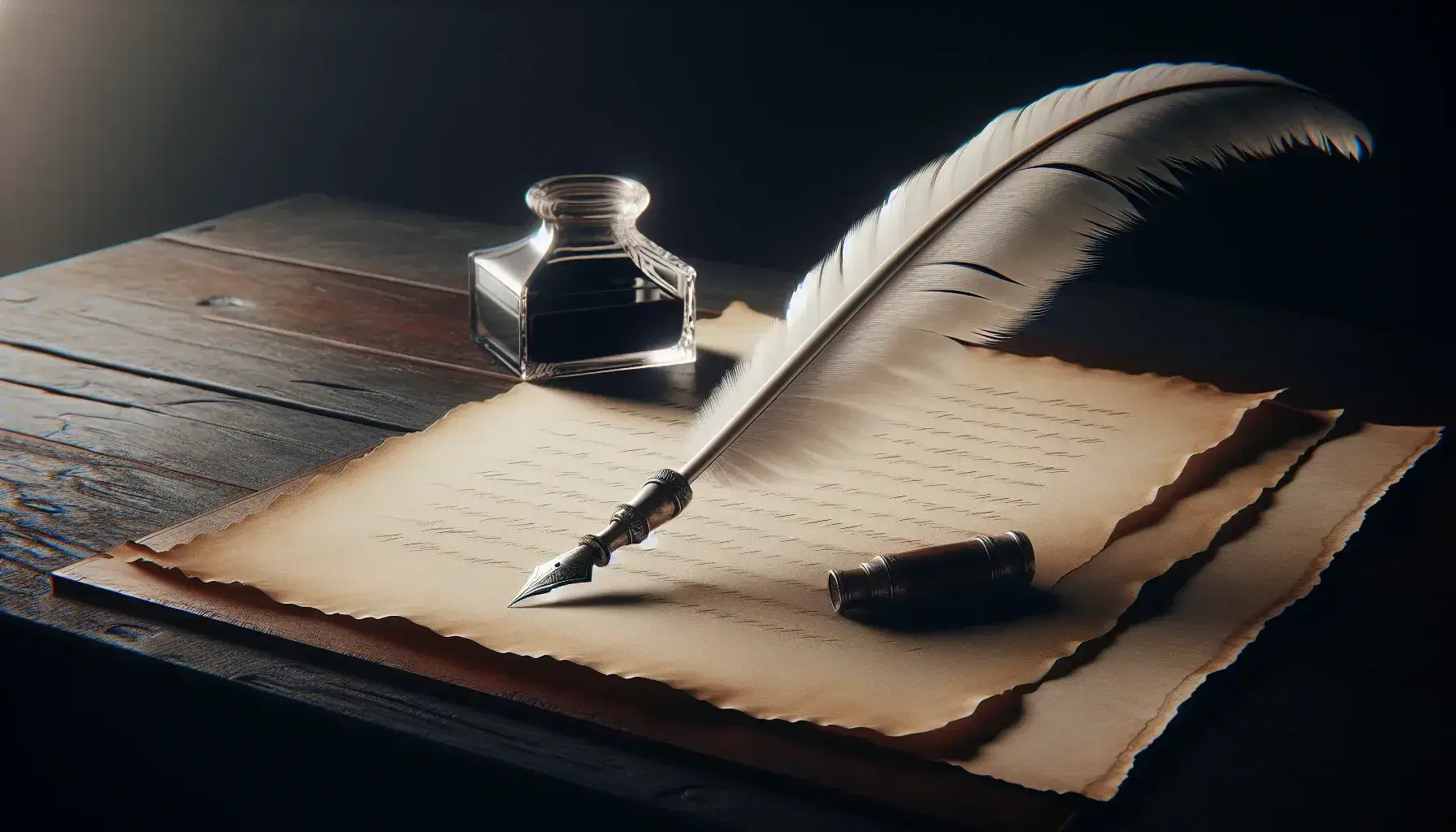 Elegant quill pen on aged parchment with glass inkwell and stack of leather-bound books on a polished mahogany desk, evoking a historical study ambiance.