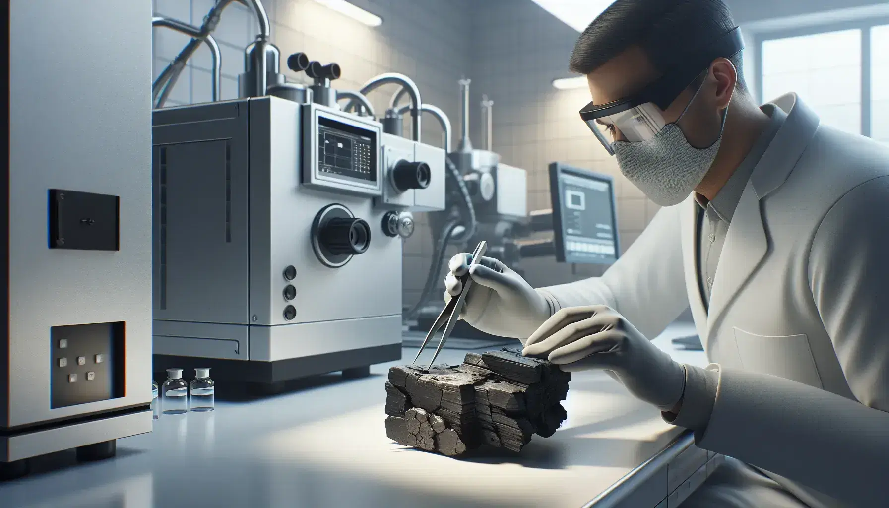 Scientist in white coat and protective gloves takes a sample from an ancient coal in the laboratory with advanced instrumentation in the background.