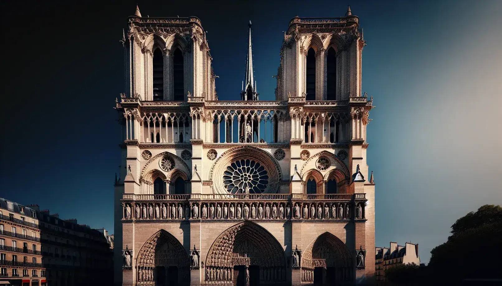 Vista frontal de la Catedral de Notre Dame en París con cielo azul claro, destacando su fachada gótica, torres simétricas y el famoso rosetón.